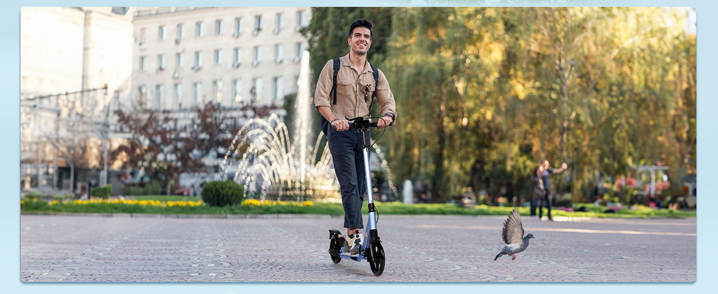 Дитячий та дорослий електросамокат-тріскач (кікскоутер) з подвійною амортизацією, гальмами та ременем для перенесення (блакитний)