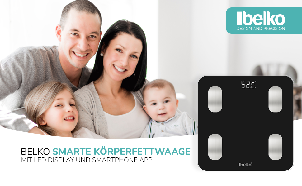 Вага Belko для вимірювання жиру в тілі Smart з Bluetooth® та додатком для вимірювання жиру, ІМТ, ваги, м'язової маси, води, білка, BMR та іншого, чорна