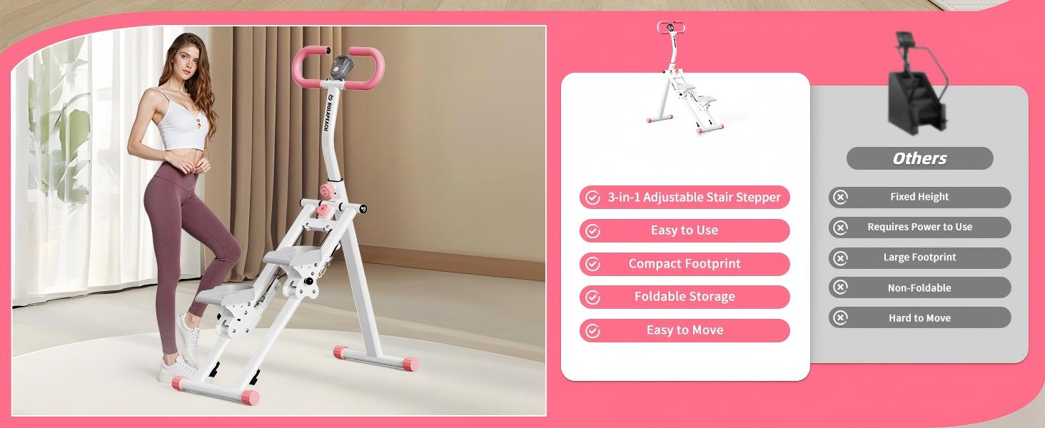 Вертикальний тренажер для кардіо, сходи для дому, вертикальний альпініст з ручкою для тренувань всього тіла, 3 регульовані висоти, LCD-дисплей, компактний та складаний, рожевий