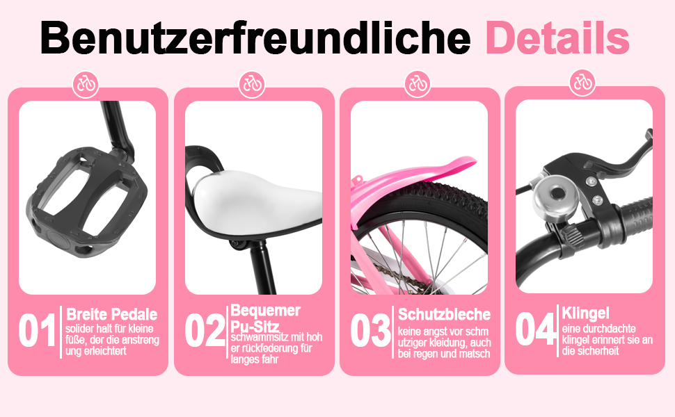 Дитяче велосипед 16 дюймів для хлопчиків та дівчаток, регульована висота, знімні додаткові колеса, рожевий