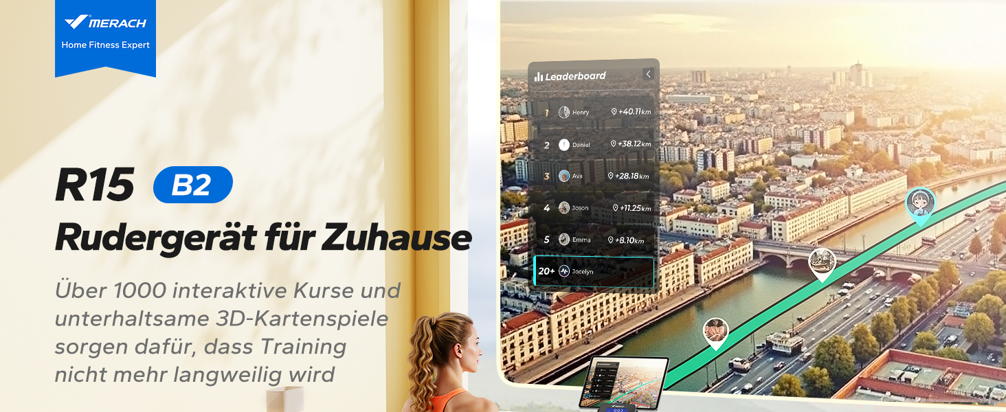 Гребний тренажер MERACH R15B2 для дому, складаний, з магнітним гальмом, тихий, з додатком, подовжені рейки, ручне регулювання