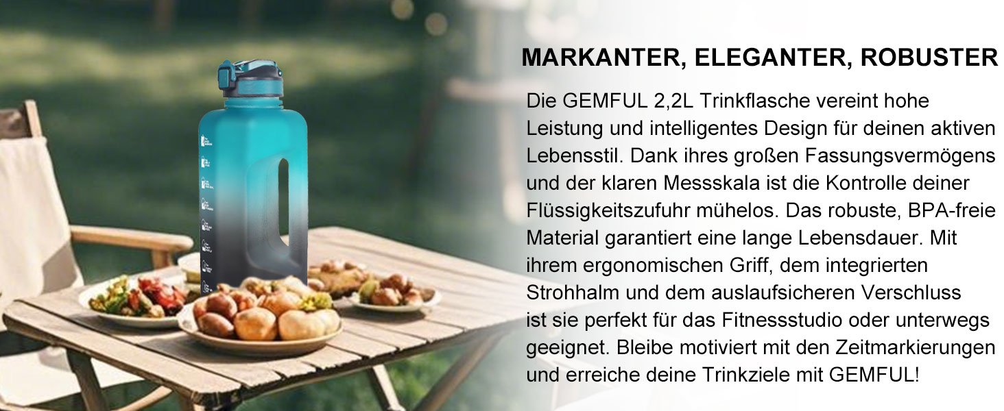 Фляга для води GEMFUL 2.2 л з трубочкою, велика спортивна пляшка з маркуванням часу, BPA-free, для фітнесу, велосипеду, активного відпочинку та роботи (Сіра)