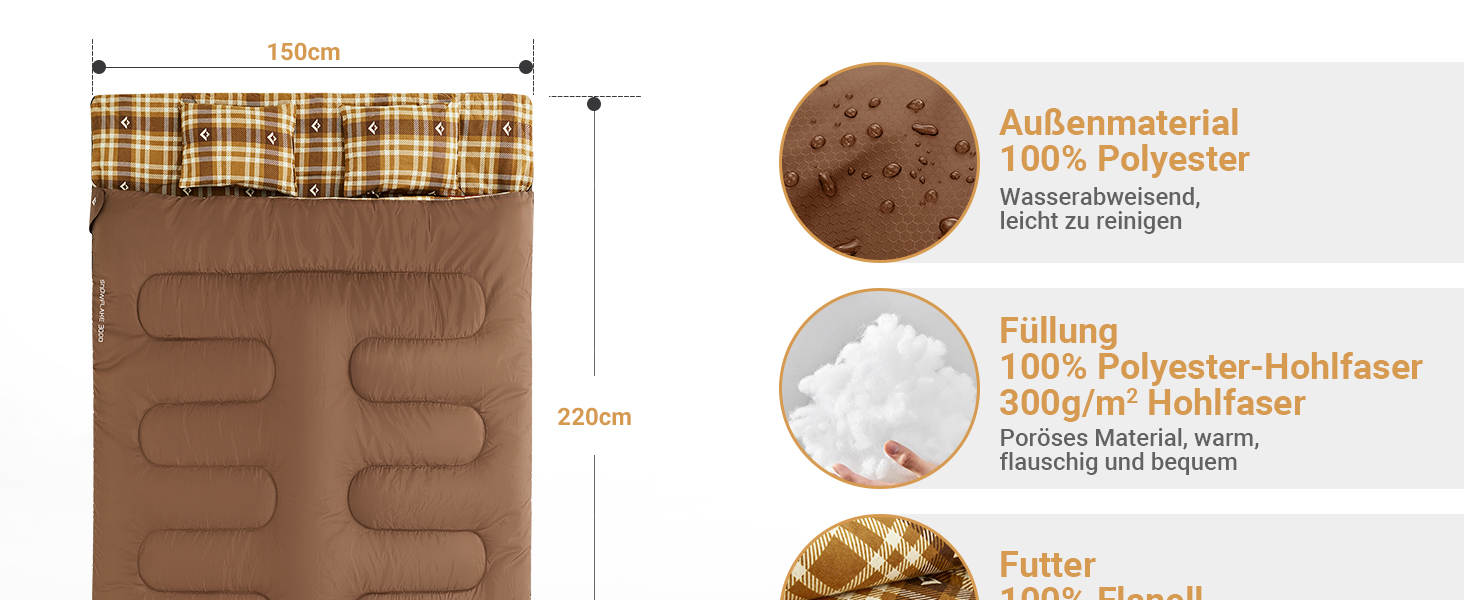 Спальний мішок KingCamp для 2 осіб з фланелі, зимовий, теплий, 3-4 сезони, з 2 подушками, для кемпінгу та відпочинку на природі, синій