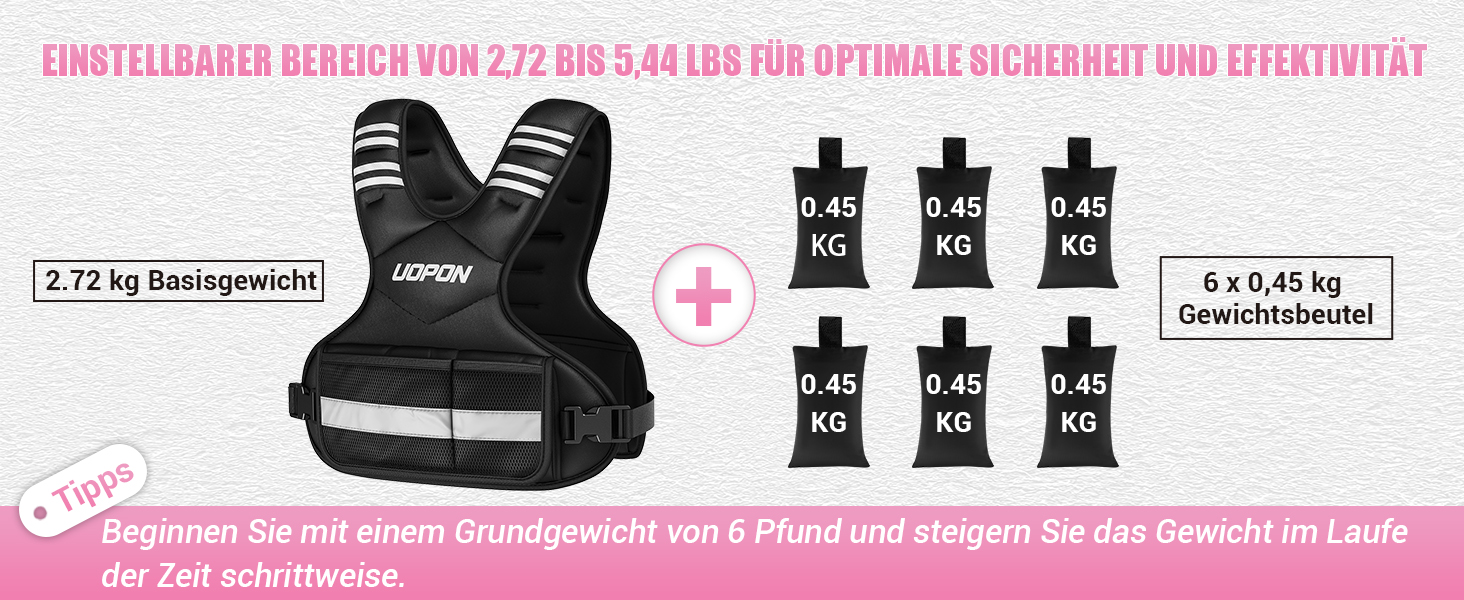 Вага для тренувань з регульованою вагою для жінок, 2.72–5.44 кг, вага з 6 знімними вагами по 0.45 кг, регульований розмір, з кишенями, чорно-сіра