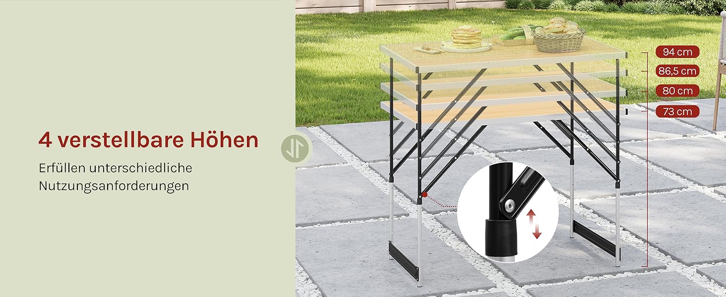 Стіл для кемпінгу, розкладний садовий, робочий, балконний від WOLTU® - регульована висота, алюміній, сталь, МДФ (світлий дуб)