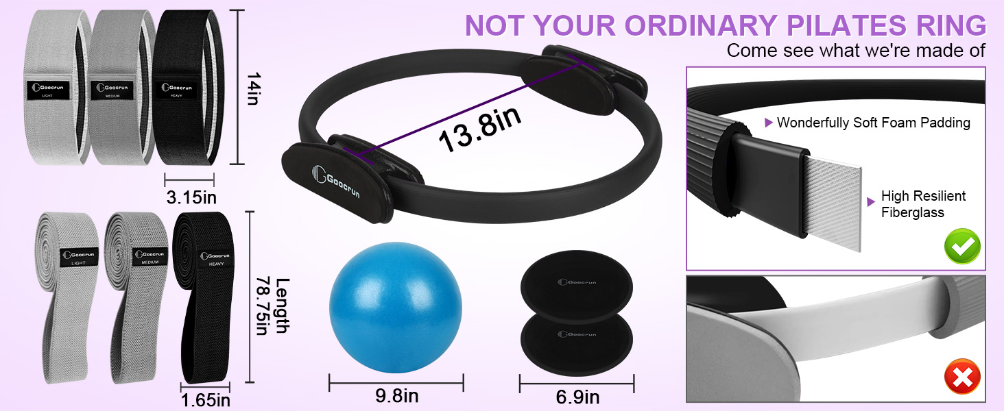 Набір для пілатесу: кільце, еластичні стрічки, фітбол, диски для ковзання, плакат з інструкцією. Домашній спортзал