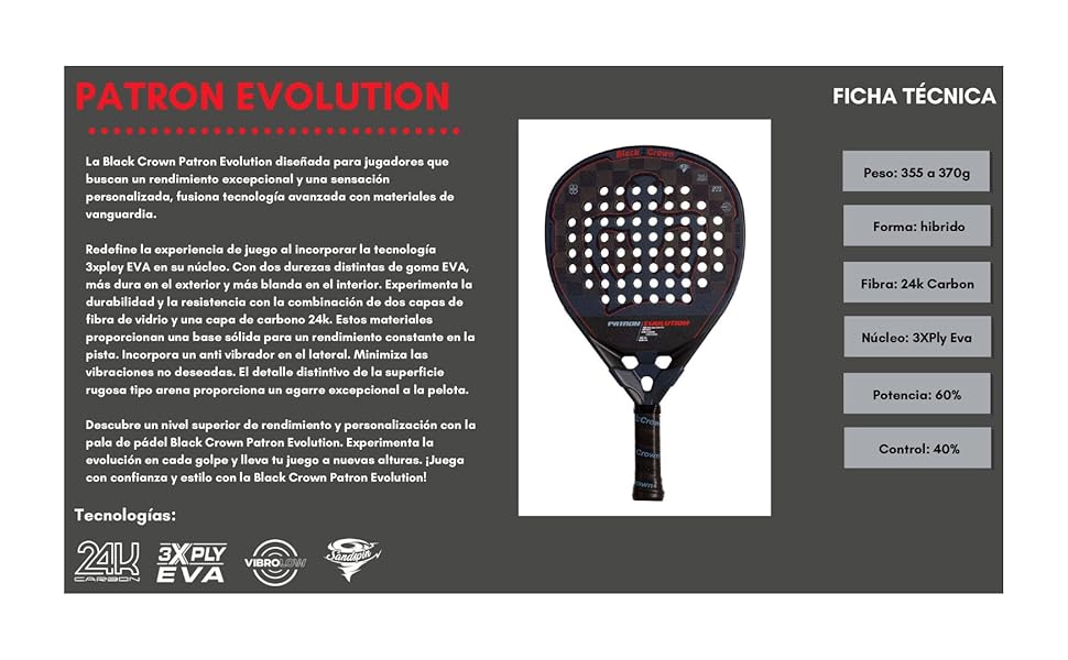 Ракетка для падел-тенісу Black Crown Patron Evolution 335-370 гр