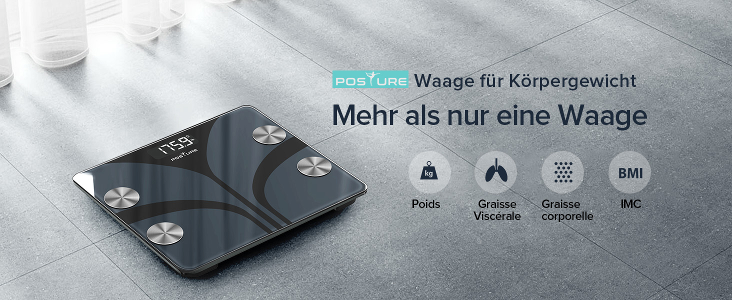 Ваги для тіла Posture з вимірюванням жиру, цифрові, 13 показників, шкала ваги з моніторингом BMI, синхронізація з додатками, до 180 кг