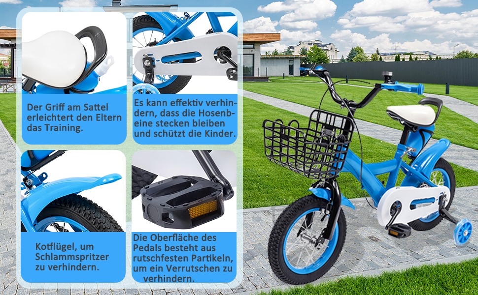 Дитячий велосипед 12 дюймів з додатковими колесами. Підходить для хлопчиків та дівчаток 3-6 років. Висота регулюється. Синій колір.