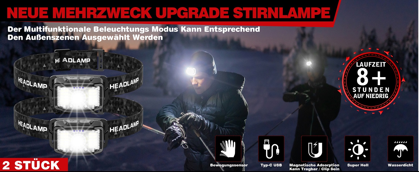 LED налобний ліхтар Aaizplz, 2 шт. - 2000 люмен, 16 режимів, водонепроникний IPX6, сенсор, магніт, для кемпінгу, бігу, риболовлі, дітей та дорослих