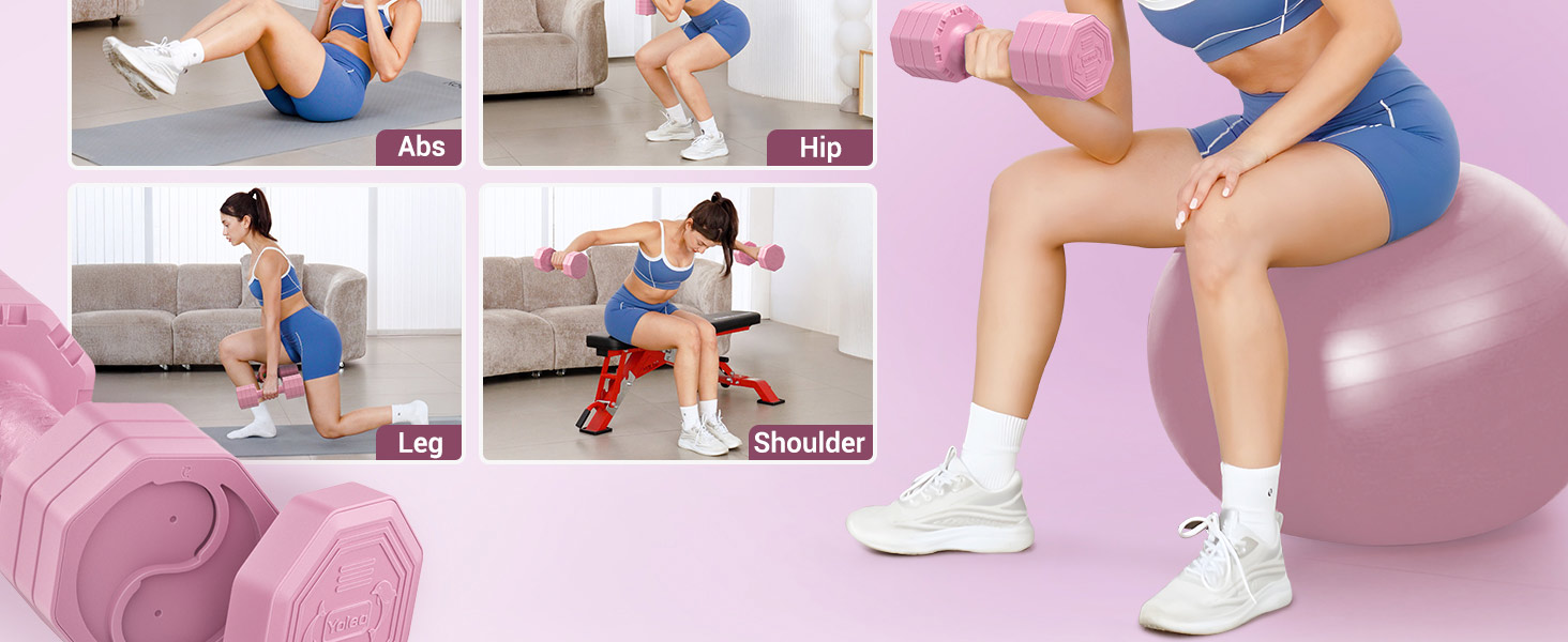 Набір гантелей Yoleo регульований 2/4 шт. для дому, 2 кг, 3 кг, 4 кг, 5 кг, з м'яким TPR-покриттям, для тренувань всього тіла (рожевий)