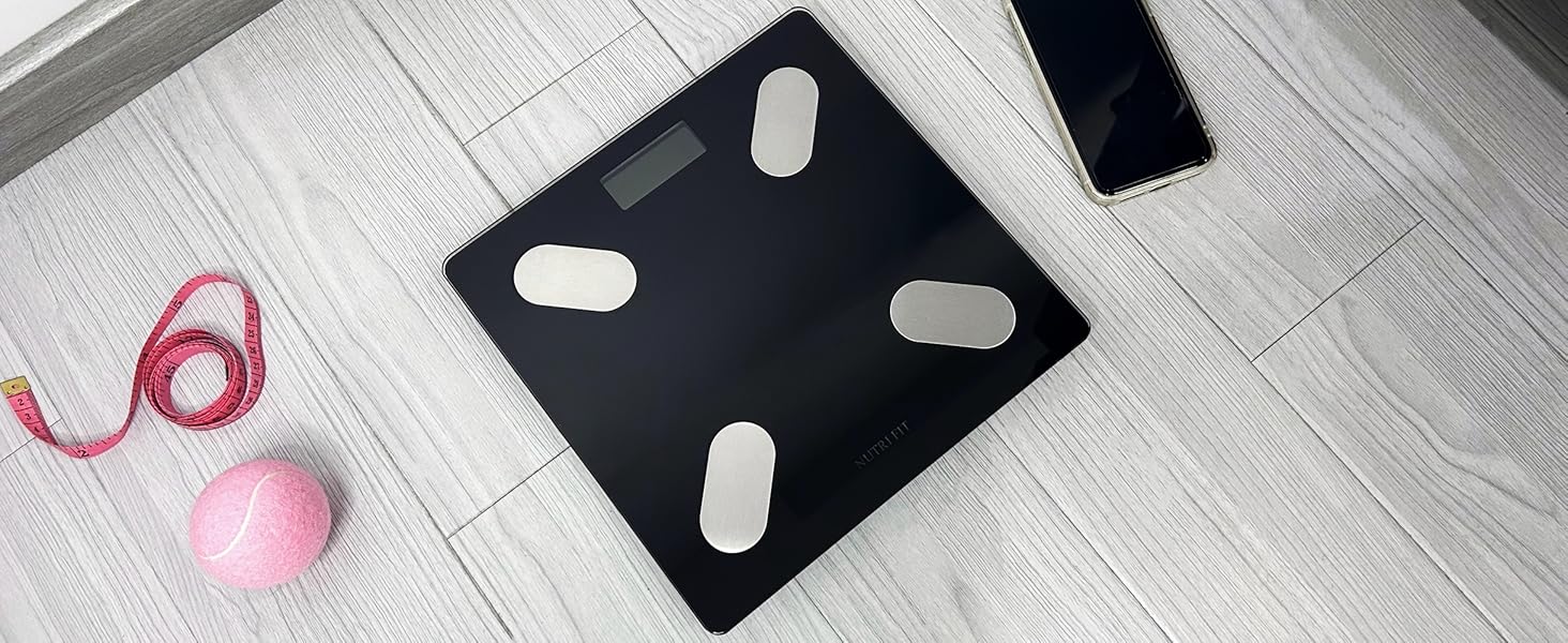 Вага NUTRI FIT для вимірювання жиру в тілі, розумна персональна вага з цифровим дисплеєм, вимірювання BMI, жиру, м'язів, води, склад тіла, LCD-дисплей, 150 кг, 26x26 см, чорний