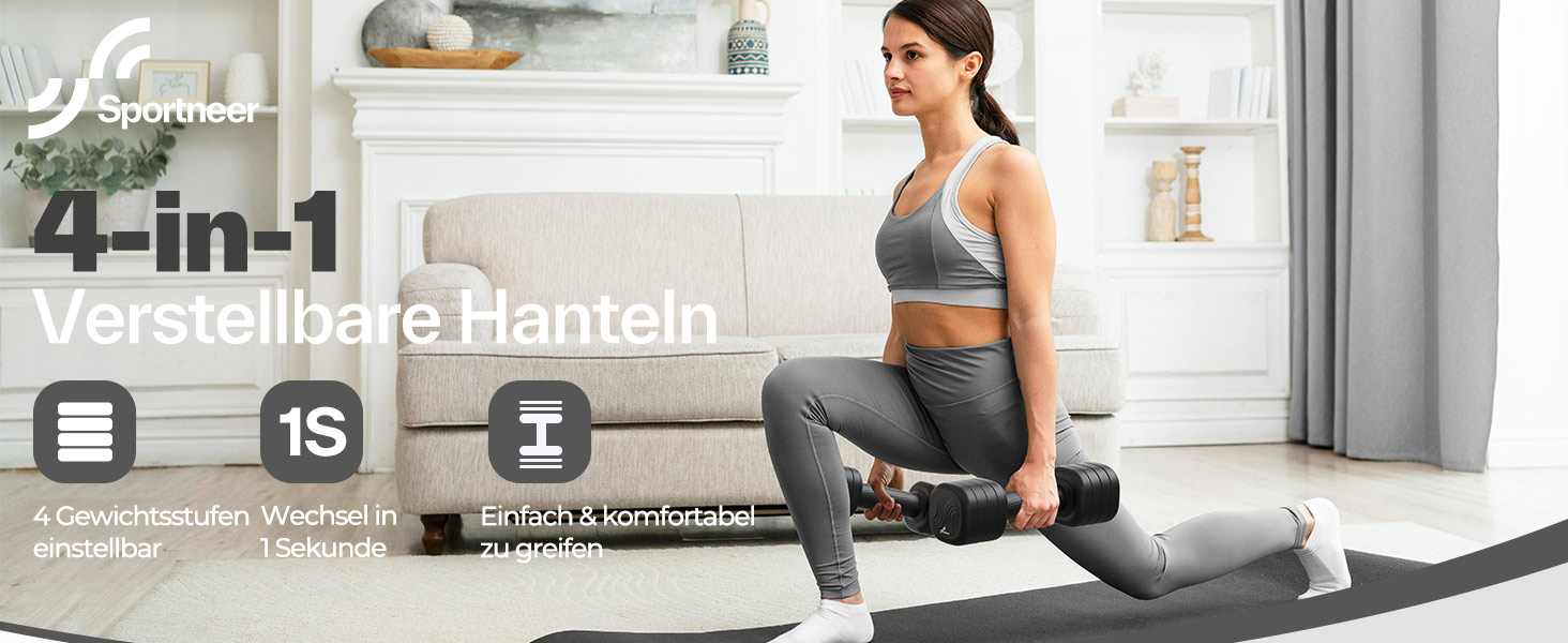 Sportneer Регульовані гантелі для жінок – комплект з 2 гантелей (по 1–2,5 кг) з неслизьким TPU-покриттям, 4-в-1 комплект гантелей для фітнесу вдома, для домашнього спортзалу та силових тренувань, колір: Димчасто-чорний