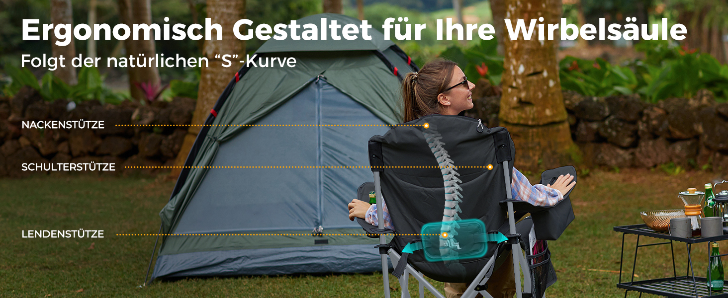 Складний туристичний стілець KingCamp для відпочинку, риболовлі та саду. Міцний, з регульованою підтримкою попереку, кишенькою-холодильником та підлокітниками. Максимальне навантаження: 205 кг. Чорний класичний колір.