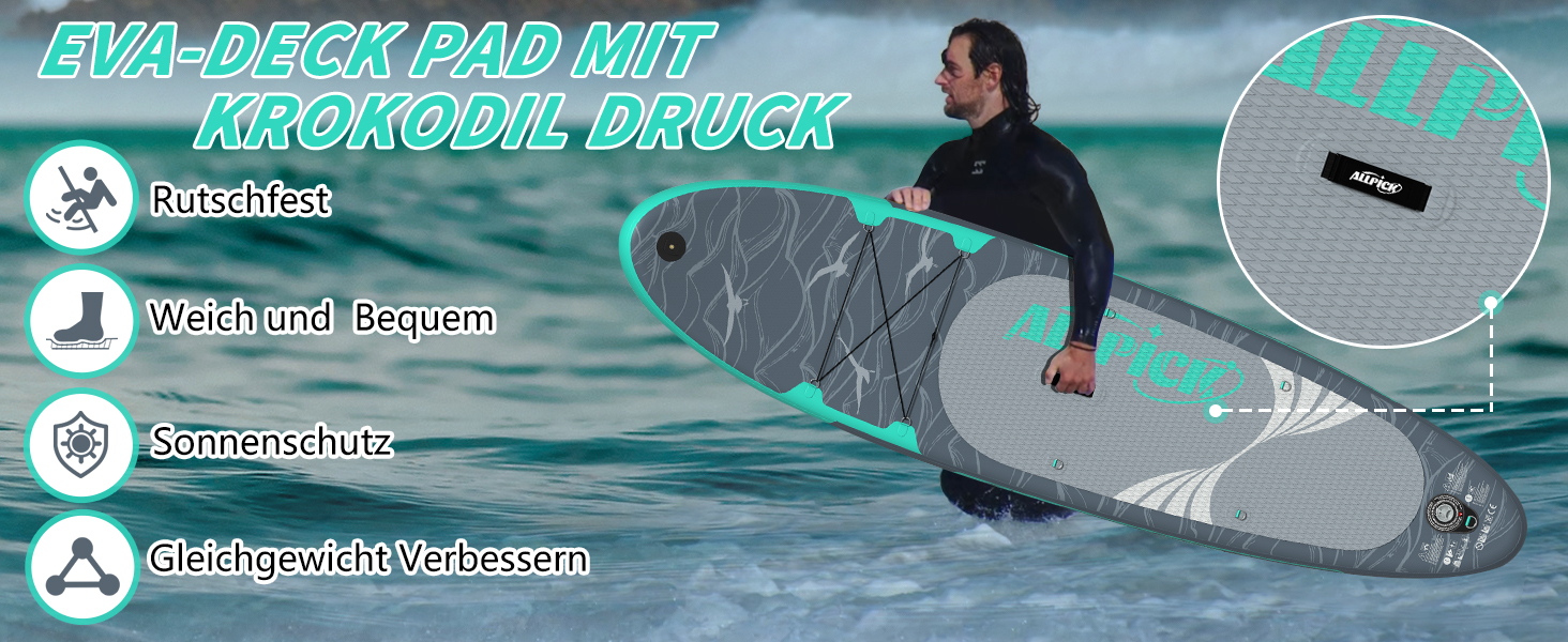 Надувний SUP-борд ALLPICK Premium Set: Комплект для станд-ап паділінгу з аксесуарами, кріпленням для камери та регульованим веслом (200 кг, Сіво-бірюзовий)