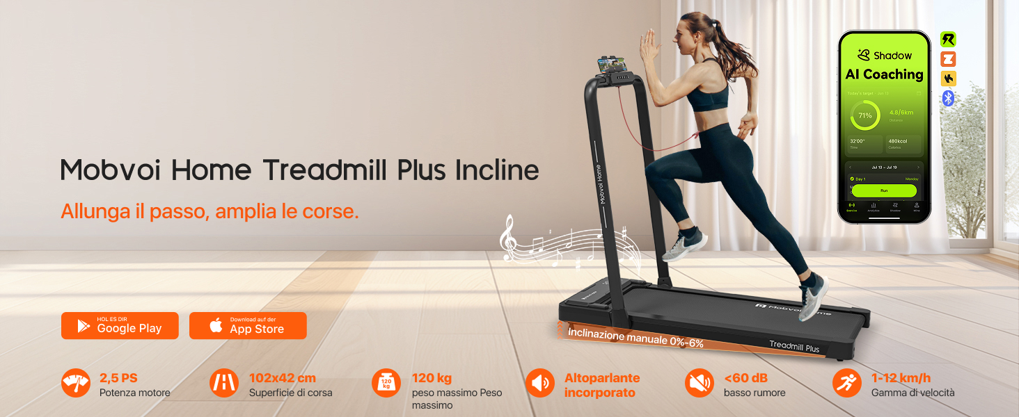 Біговий тренажер Mobvoi Home Laufband Plus: Розумний AI 3-в-1, складний, 2.5 PS, LED-дисплей, динаміки, велика поверхня для бігу, додаток TicSports, до 120 кг, швидкість до 12 км/год, регулювання нахилу