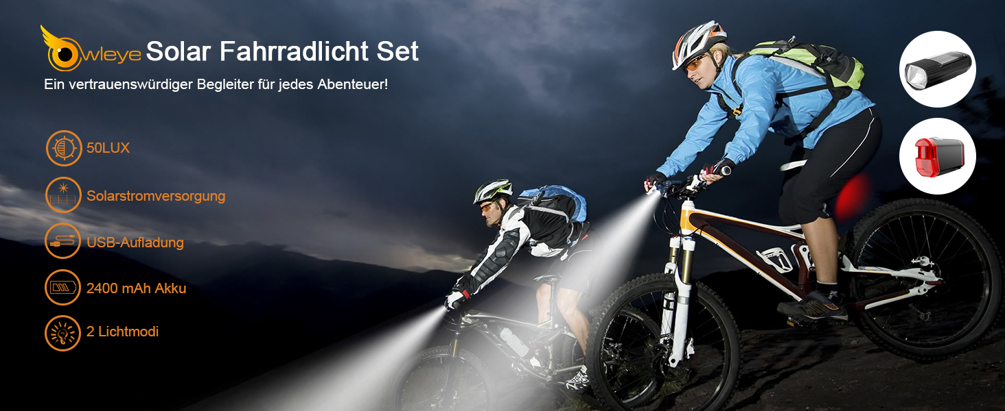 Owleye: комплект велоліхтарів на сонячній енергії, USB-зарядка (Type-C), StVZO, передній + задній ліхтар LED