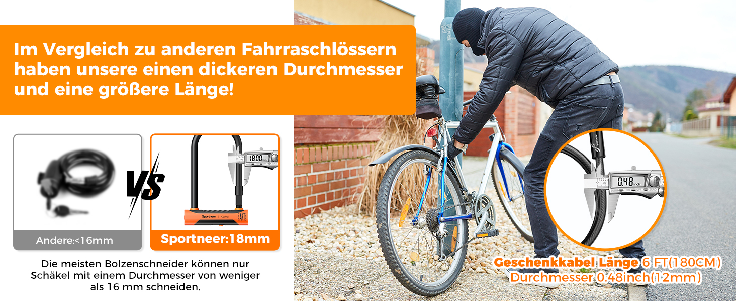Замок для велосипеда Sportneer Bügelschloss 20 мм: висока безпека, сталевий трос 1.8 м, монтажний кріплення