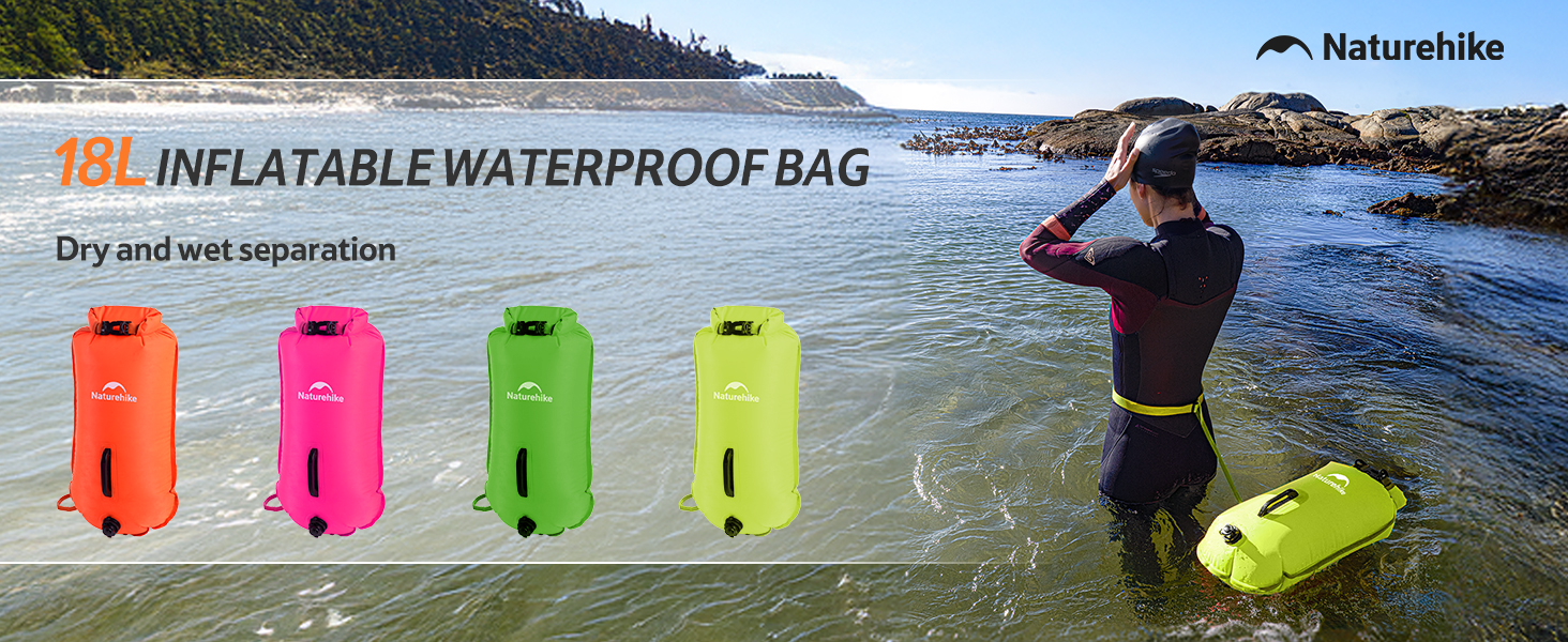 Надувна плавуча шина Naturehike 18L з двома повітряними камерами, водонепроникний мішок-рюкзак для плавання, пляжу, з регульованим поясом, зелений