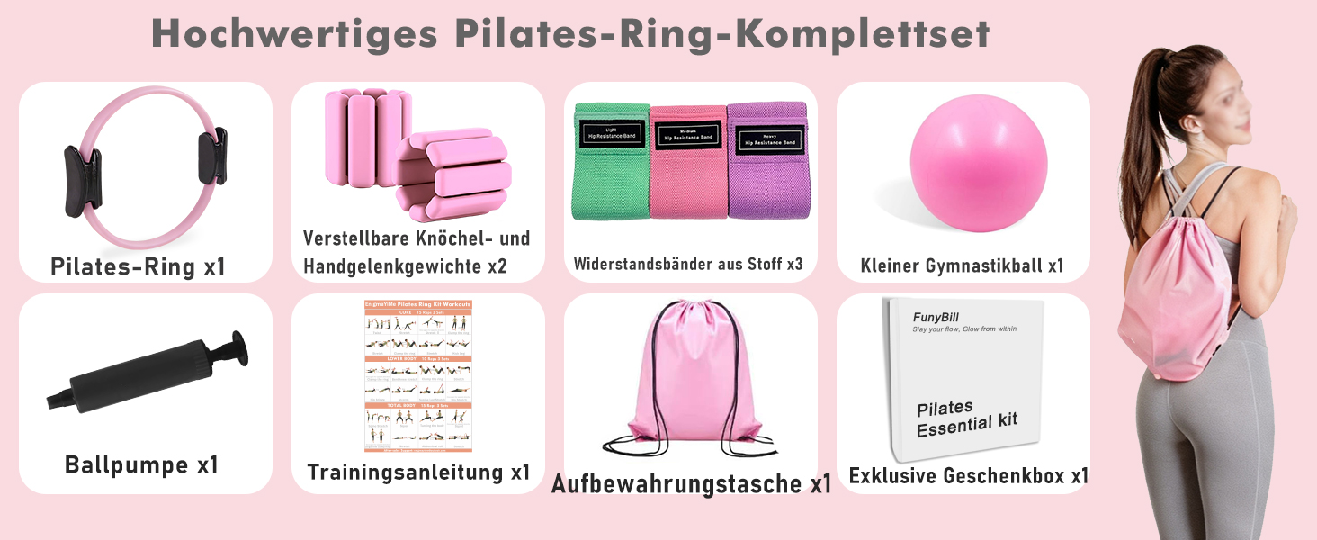 Pilates-кільце з набором для домашніх тренувань: Magic Circle 35 см, утяжелители для щиколоток та зап'ясть, гумові стрічки, для початківців, рожевий колір