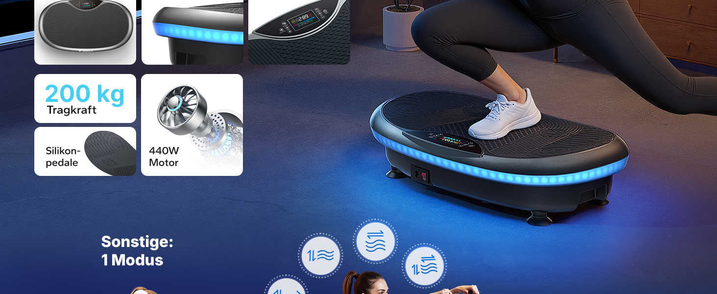 Віброплатформа MERACH 4D з 7 режимами вібрації, 120 швидкостями, 5 програмами, Bluetooth та підсвіткою, чорна