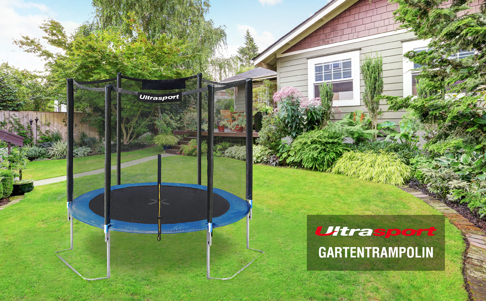 Трамплін Ultrasport SICHERSTE для дітей на відкритому повітрі Ø180-430 см, до 150 кг, з мережею безпеки та аксесуарами. Безпечний та тихий, блакитний.