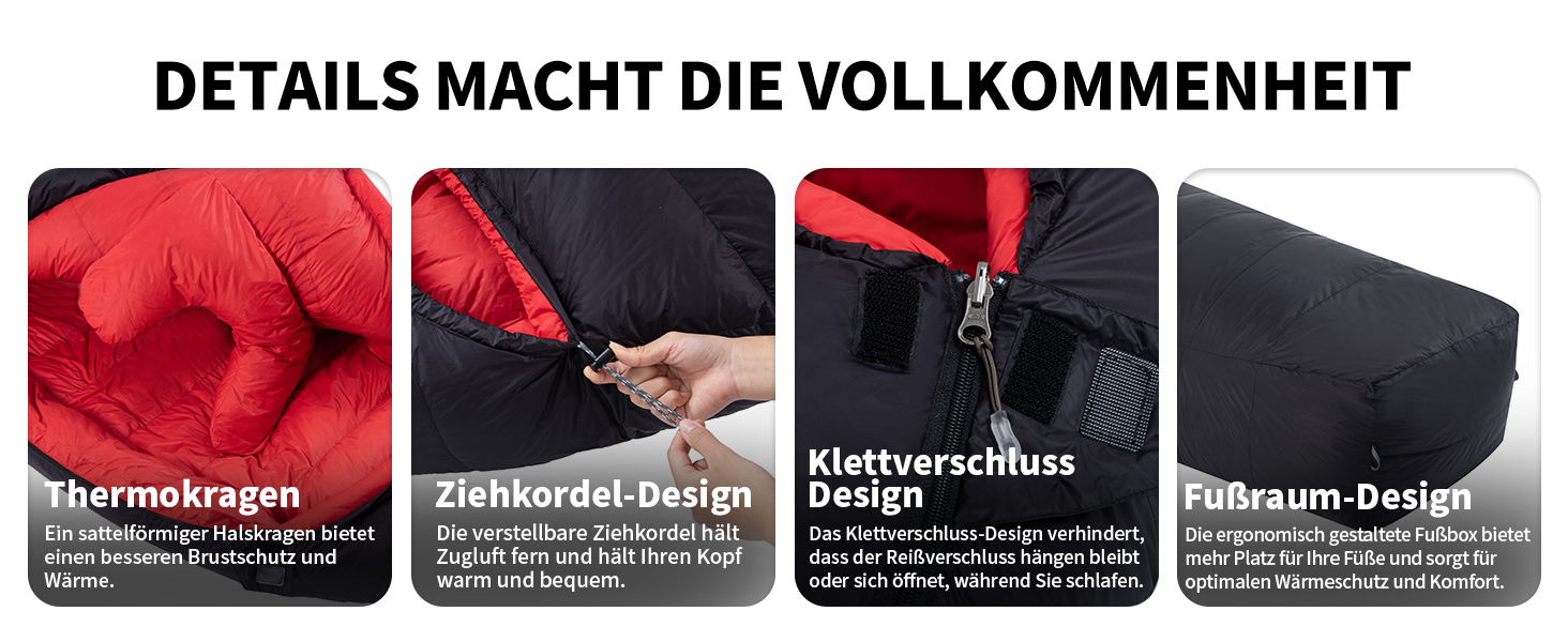 Сплячий мішок для дорослих та дітей, зимовий легкий, Outdoor 8°C ~ -30°C для кемпінгу та альпінізму, 650 FP гусячий пух, чорний, 1000г