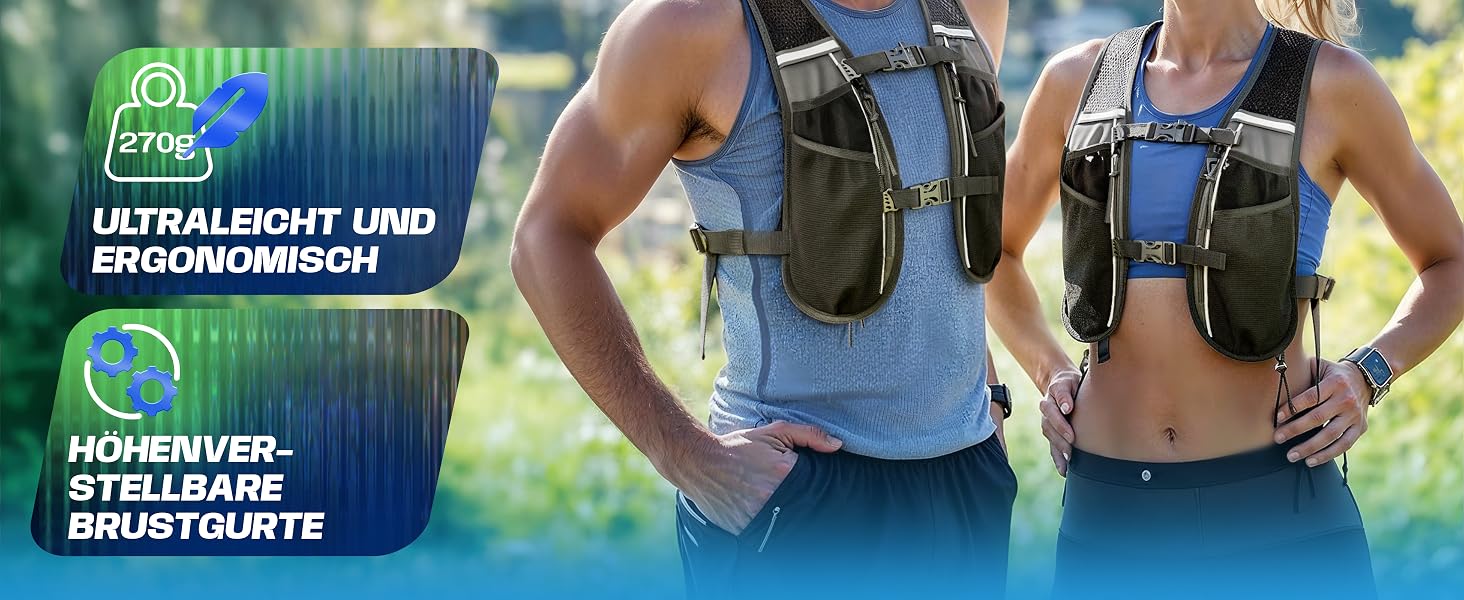 Жилет для бігу SASMO® унісекс 5L/2L - ультралегкий дихаючий рюкзак для бігу, 8 кишень, чорний + 1x500мл пляшка