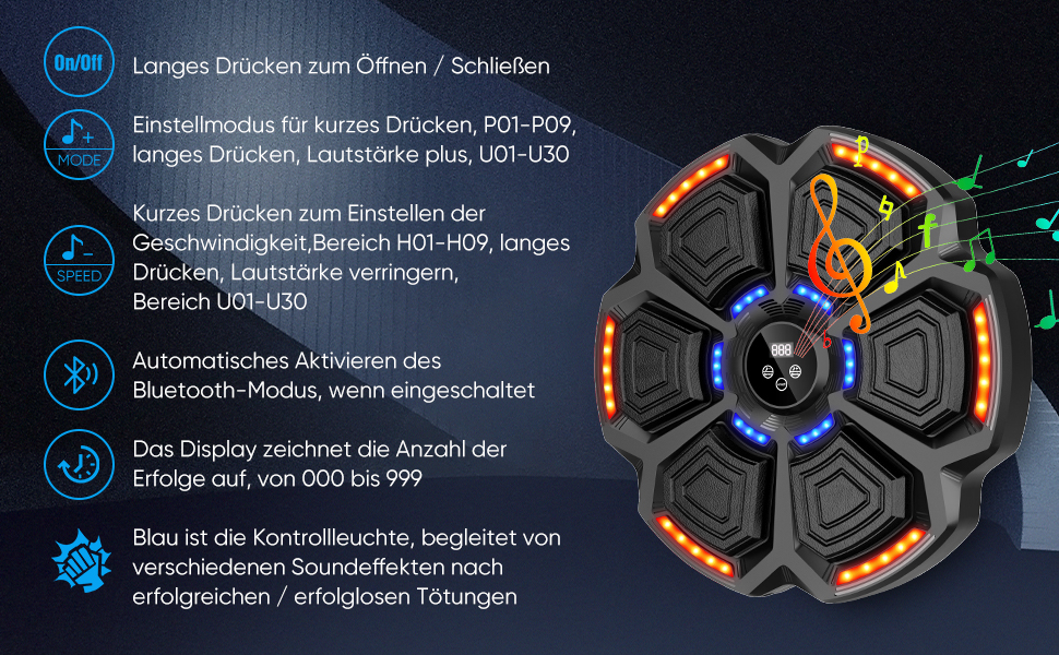 Музична боксерська машина з LED-підсвіткою та Bluetooth, для дорослих та дітей, чорна