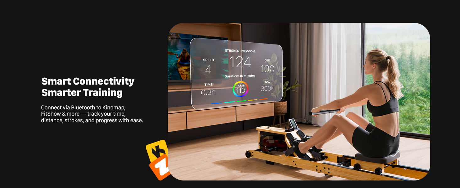 Гребний тренажер Aeriflo W100 для дому з бамбуком, Bluetooth, дисплеєм та додатком, тихий та компактний, преміум-якість, для комплексного тренування всього тіла
