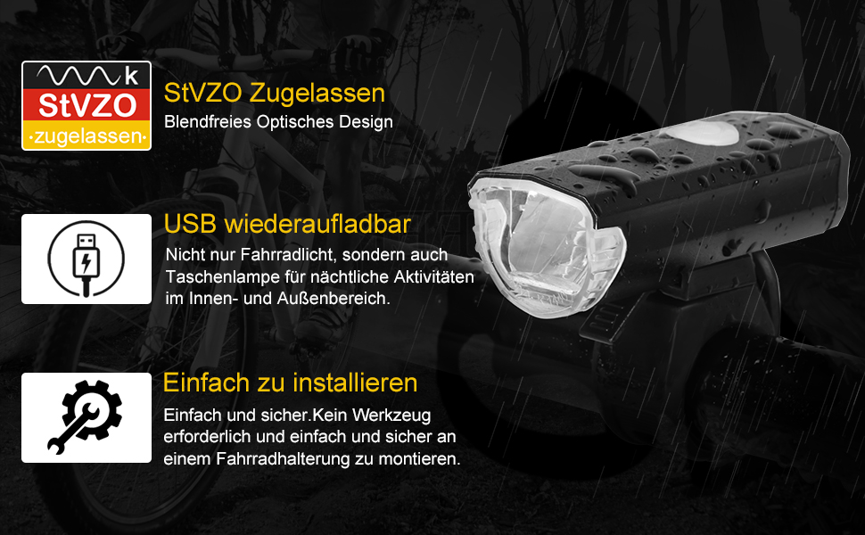 Набір переднього та заднього велоліхтаря, USB-зарядка, сертифікат StVZO, 2 режими освітлення, водонепроникність IPX4, для дітей та дорослих, чорний