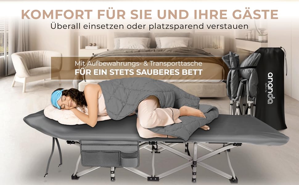 Розкладне ліжко Ananda Goods® для кемпінгу та гостей з матрацом – 190x70 см, карпове ліжко, туристичне ліжко, ліжко з бавовняно-льоновій матрац та простирадлом