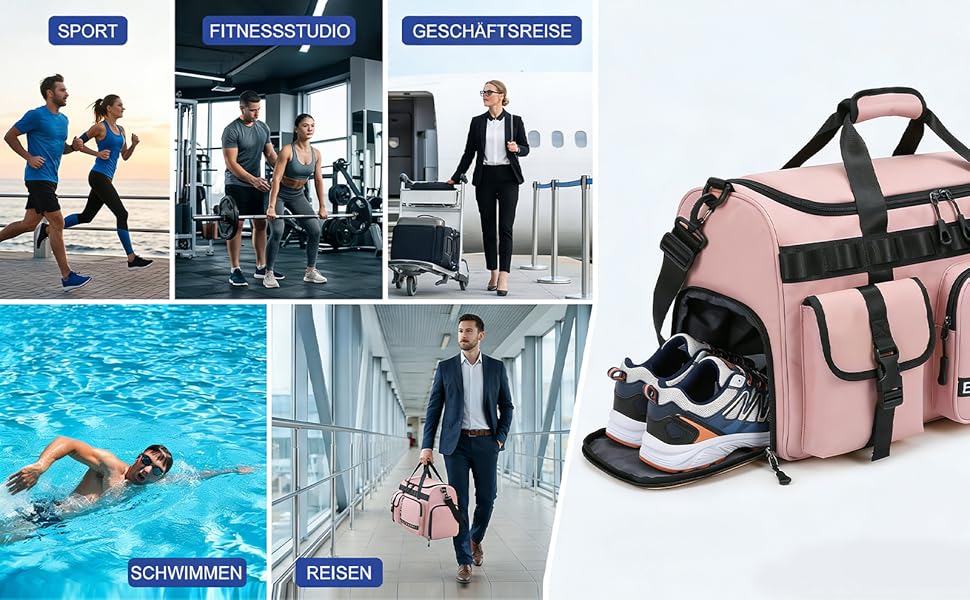 Спортивна сумка для подорожей 65Л з відділенням для взуття та мокрих речей, містка сумка для залу, плавання та коротких поїздок (Рожева)