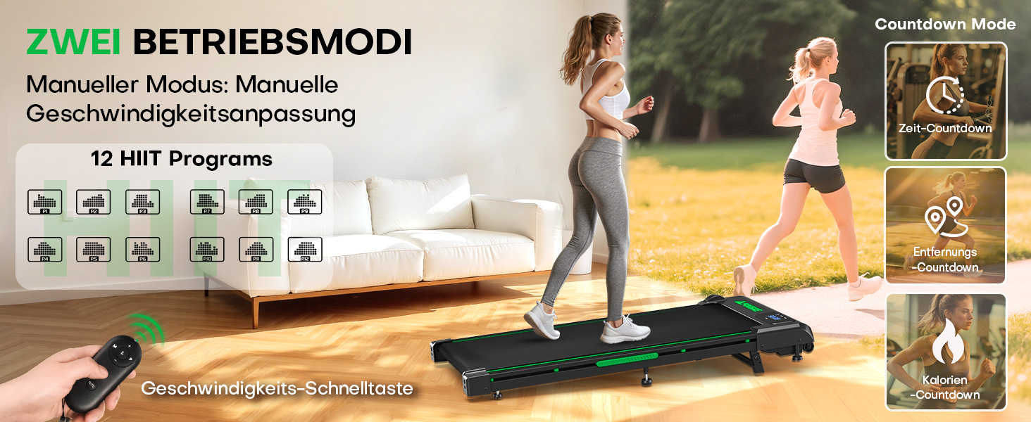 Walking Pad FOUSAE: Біговий доріжка для дому та офісу з регулюванням нахилу до 9%, LED-дисплеєм та дистанційним керуванням. Макс. вантаж: 150 кг, чорно-зелений колір.