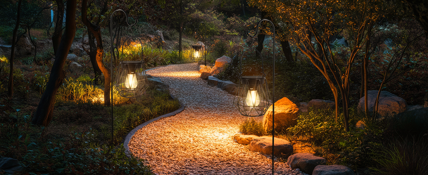 2 Сонячні ліхтарі для вулиці, підвісні, IP65, металеві, LED, для саду, патіо, кемпінгу, газону, чорні (шестикутні)