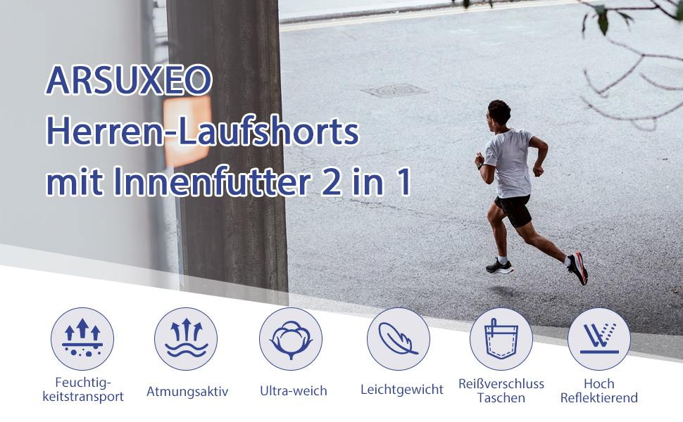 Шорти для бігу чоловічі ARSUXEO 2-в-1 з підкладкою з сітки та кишенями на блискавці, червоні