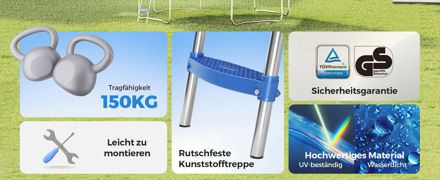 Трамплін Sekey Outdoor 244/305/366 см - сертифікований TÜV Rheinland GS, дитячий, для саду з безпечною драбиною, посиленим захисним сіткою та захисним бордюром (Блакитний, 366 см/12 футів)