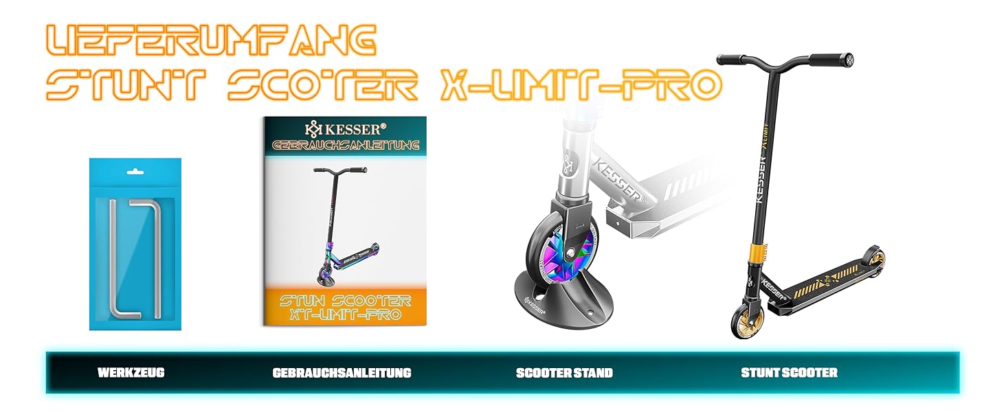 KESSER® Станкер Скутер X-Limit-Pro 360° - професійний для дітей та дорослих, ABEC 9, 110мм PU колеса, чорний/золотий