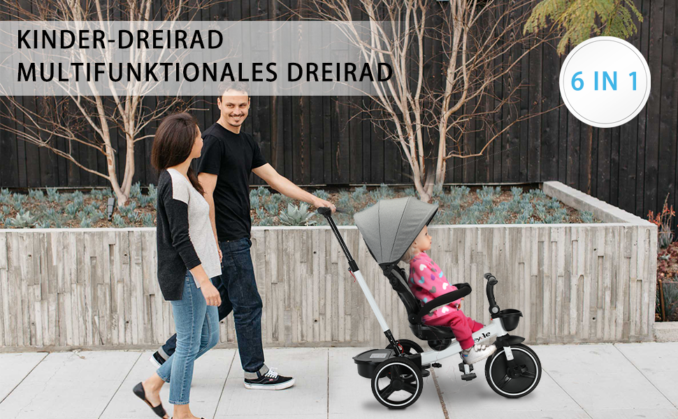 Дитяче тріцикл UBRAVOO 7-в-1: складний, з ліхтарем, гальмом, великим козирком та захисним бампером (білий)