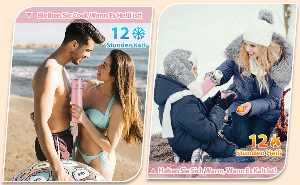 Термос IAGORYUE з нержавіючої сталі, 0,55 л, з герметичним кришкою та ручкою, подвійні стінки, зберігає тепло/холод до 12 годин, для спорту, офісу, відпочинку на природі (Рожевий)