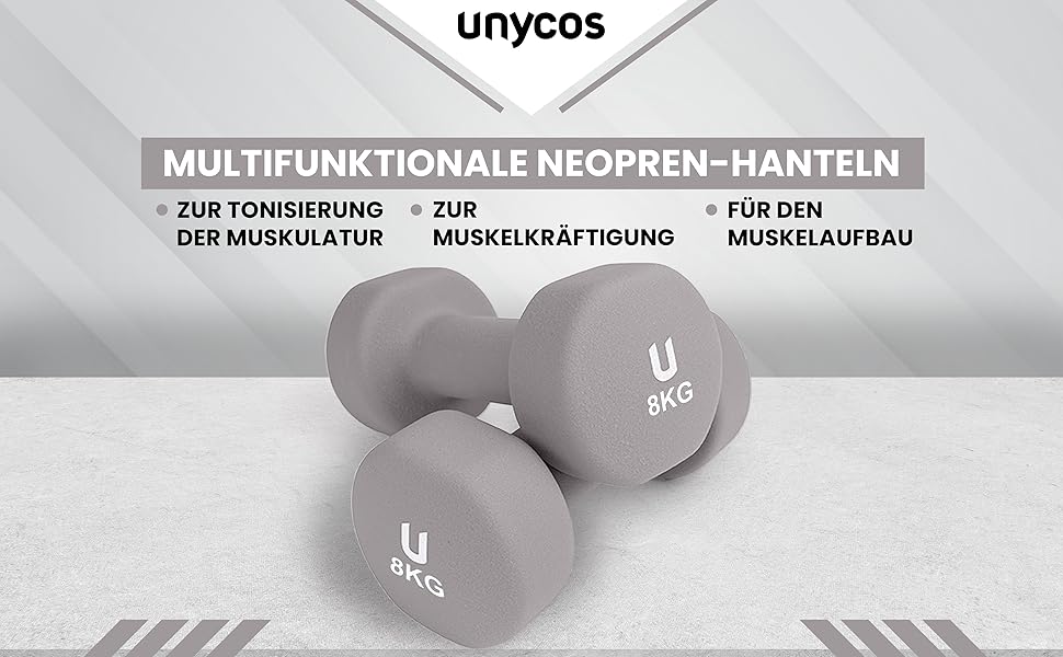 Неопренові гантелі unycos 2 x 8 кг, набір для чоловіків і жінок, круглі, протиковзкі, антироликовий дизайн, зручна ручка, для фітнесу, пілатесу, силових тренувань, світло-сірі