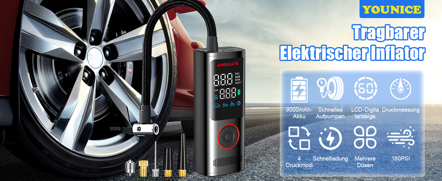 Портативний компресор YOUNICE 160PSI 120W з акумулятором 7800мАг, електрична міні насос для шин з LCD-дисплеєм і LED, для авто, мото, велосипеда, м'ячів
