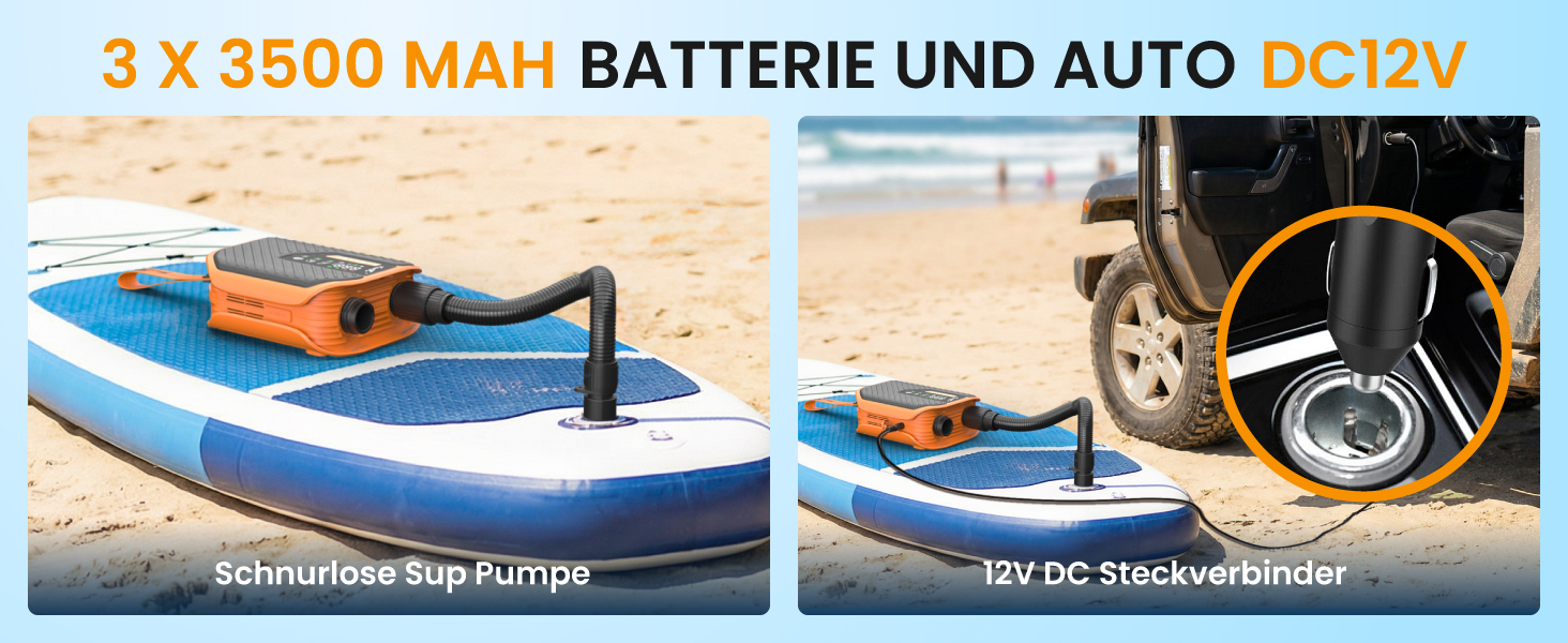 Насос електричний TowerTop для SUP дошки, каяків, автомобілів: 50 PSI, 12V, 8 насадок, акумулятор 10500mAh, помпа двосторонньої дії