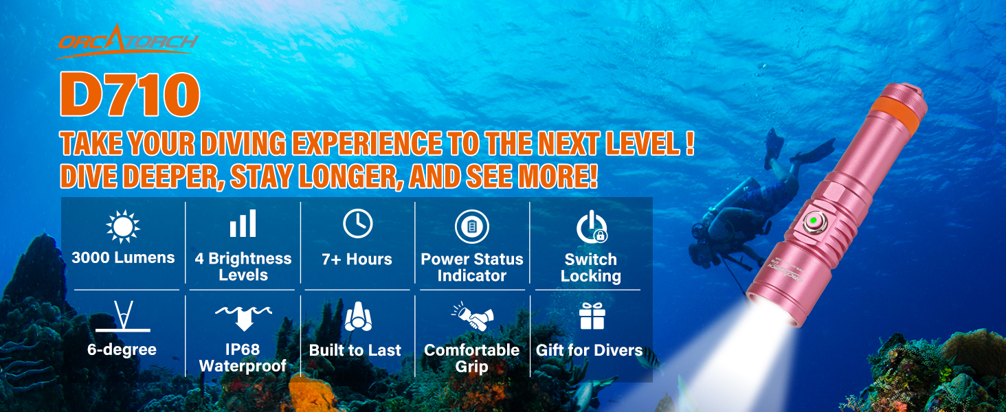 Ліхтар підводний LED Orcatorch DC710, 3000 люмен, USB-C, IP68, 150м, рожевий