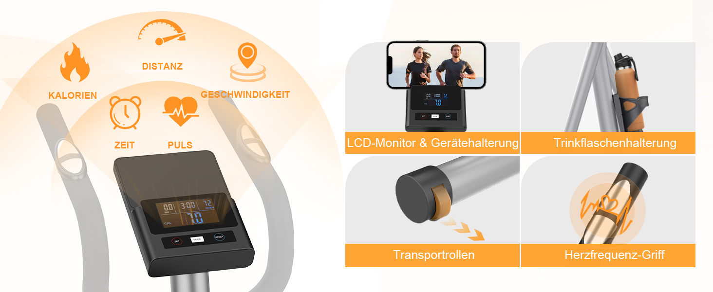 Еліптичний тренажер Neezee для дому з Bluetooth, 16 рівнів опору, 6 кг маховика, LCD-монітором, датчиком пульсу та тримачем для пляшок (Помаранчевий + Срібний)