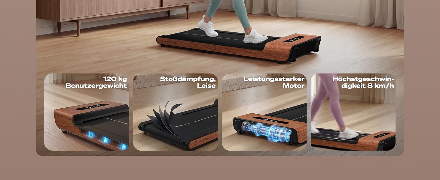 Складана бігова доріжка для ходьби Sportstech WoodPad Pro для дому та офісу, до 8 км/год, з лічильником кроків та підтримкою додатку, до 120 кг