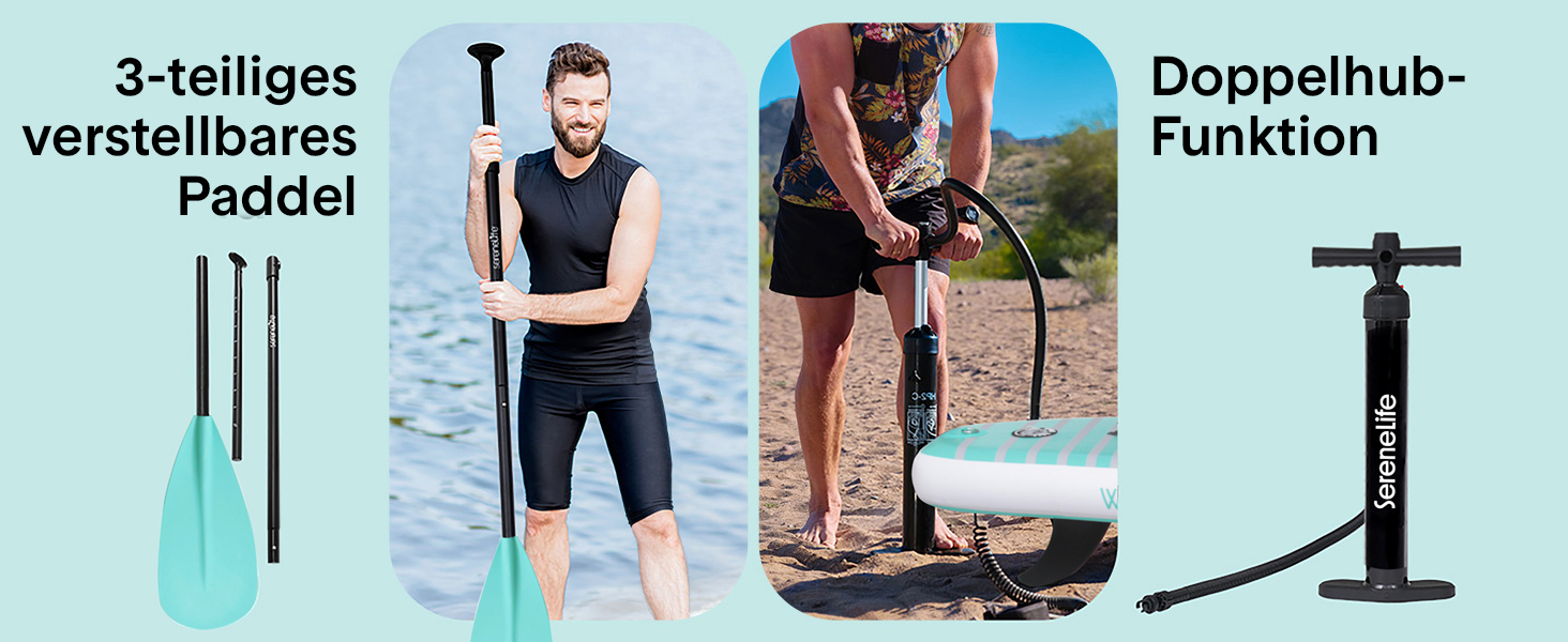 Надувний SUP СерeneLife для дорослих та дітей: комплект з веслом, насосом та сумкою. Touring SUP для плавання по морю, річці та озеру. Максимальне навантаження 155 кг, колір аквамарин.