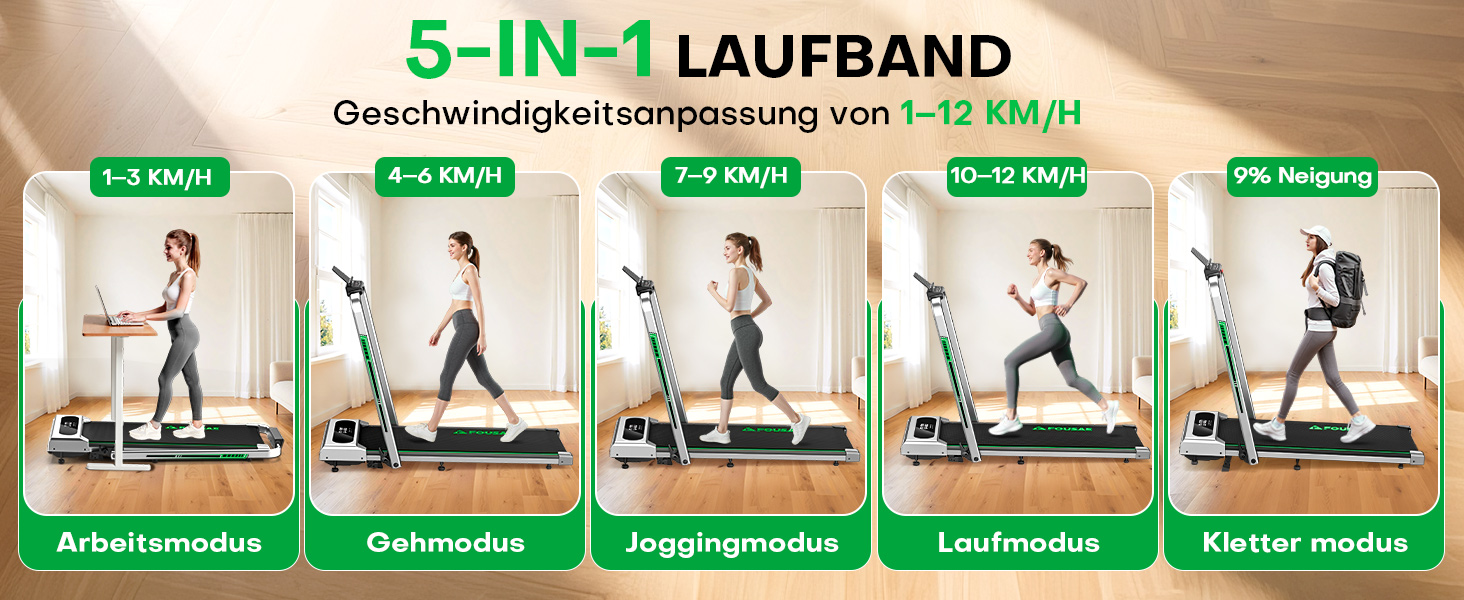 Біговий тренажер для дому 5-в-1, Klappbar Laufband, 12 км/год, 9% нахил, 2.75HP безщітковий мотор, LED-дисплей, сумісність з додатком, 12 програм, подвійна функція (срібно-зелений)