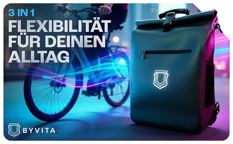 BYVITA 3-в-1 велосипедна сумка-рюкзак 25 л, водонепроникна, рефлекторна, без ПВХ, екологічна, чорна, з відділенням для ноутбука