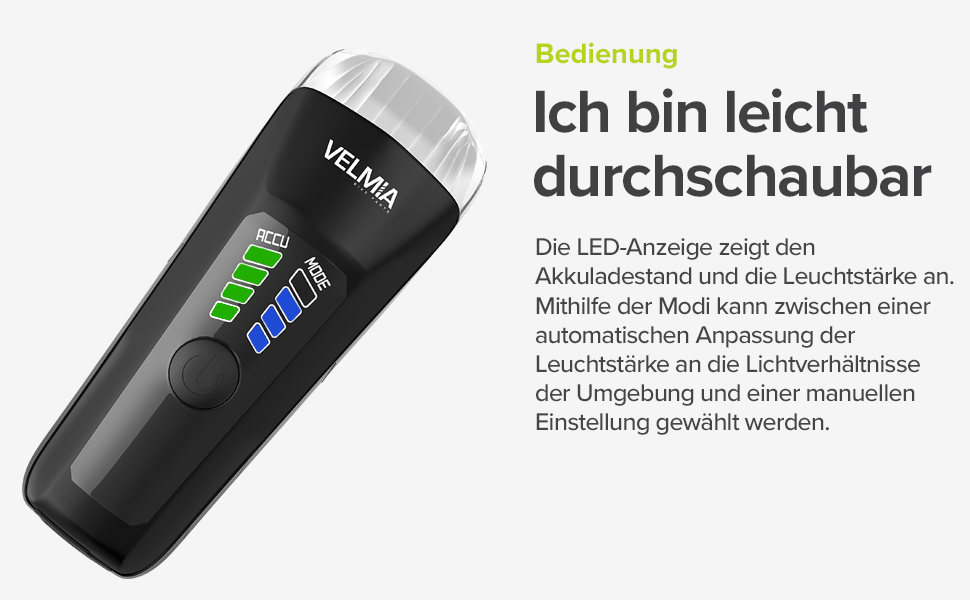 Велосипедна LED фара VELMIA передня, StVZO, USB акумулятор, 8,5 годин роботи, водостійка, чорна